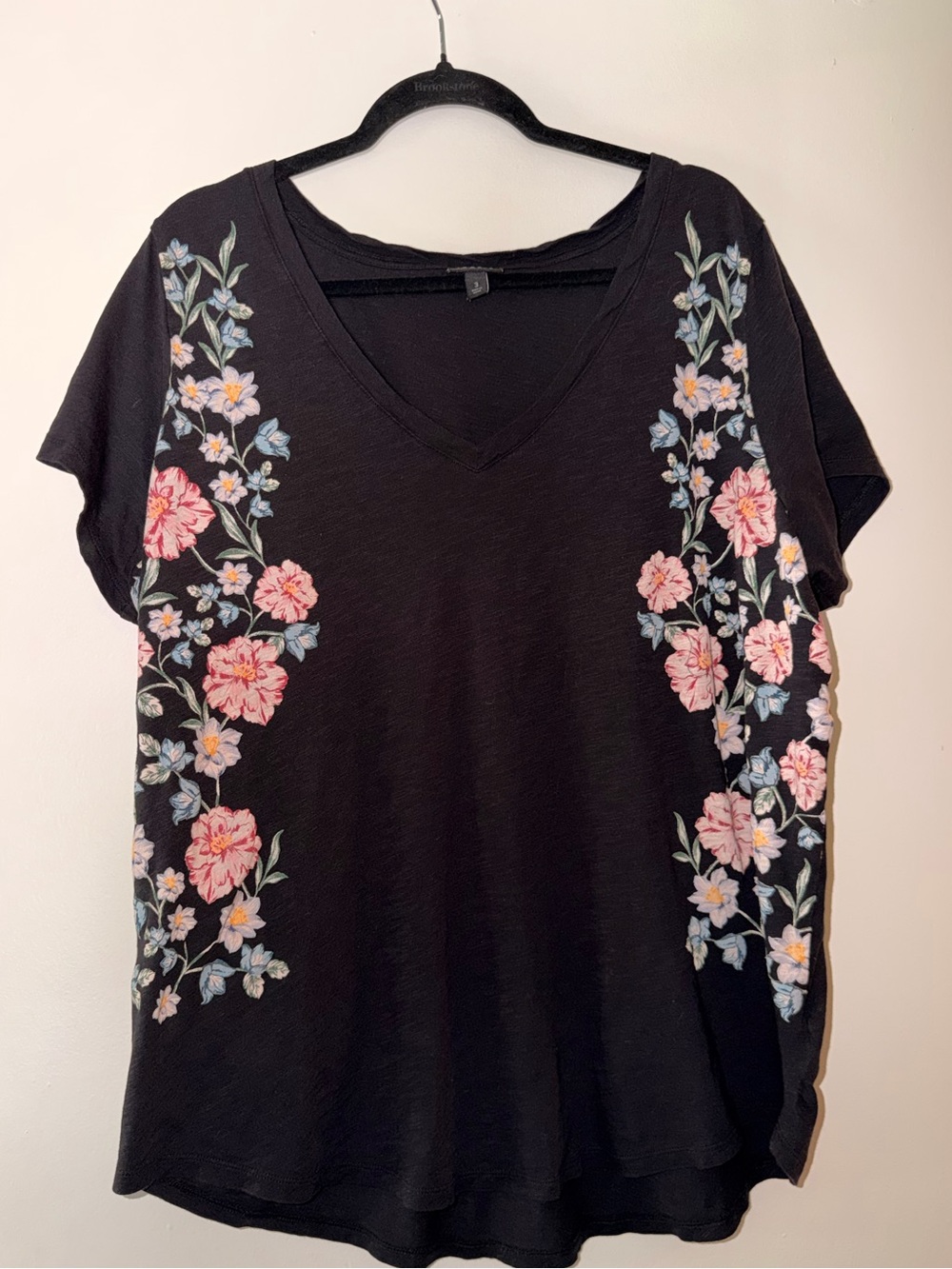 torrid Black V-Neck Tee with Pink Floral Embellishments